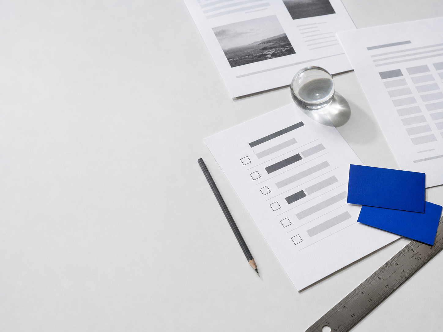 Printed evidence notes, a checklist, pencil, ruler, and cobalt cards arranged for a careful decision review